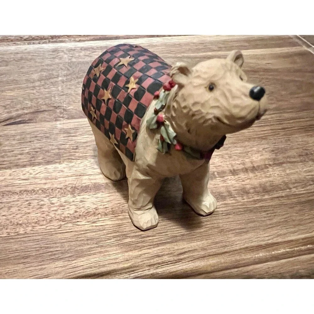 Teresa Kogut Folk Art Checkered Blanket Holy Necklace Christmas Bear Figurine